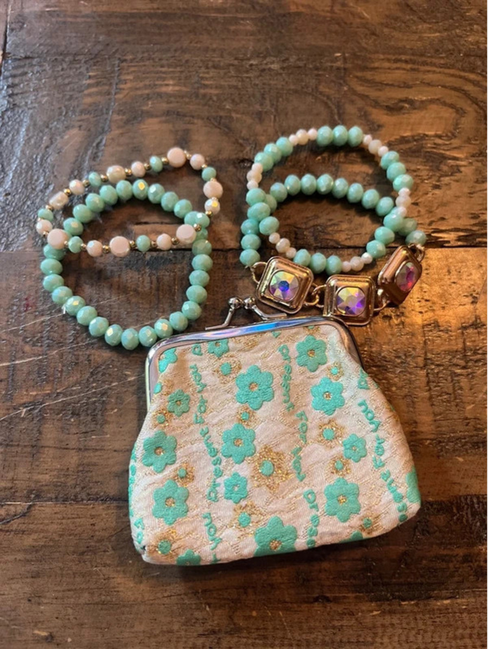 Mint Green Beaded Stretch Bracelet Lot 4 with Floral Coin Purse Bundle